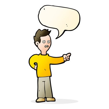 Şok olmuş çocuk konuşma balonunu işaret ediyor.