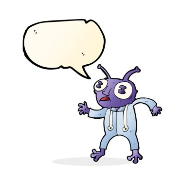 Konuşma baloncuğu olan uzaylı bir karikatür.