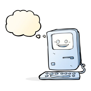 Düşünce baloncuklu eski bilgisayar