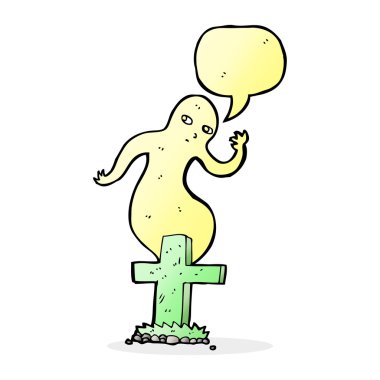 Konuşma baloncuğuyla mezardan yükselen karikatür hayaleti