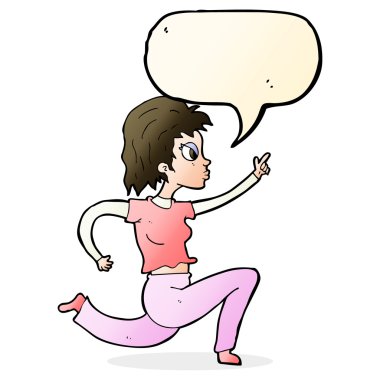 Çizgi filmdeki kadın konuşma balonuyla koşuyor ve işaret ediyor