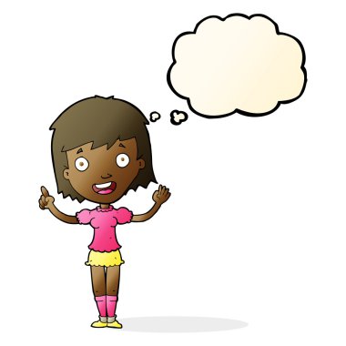 Çizgi film kadını düşünce balonunu işaret ediyor.