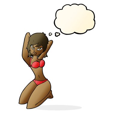 Düşünce baloncuğuyla poz veren seksi kadın.