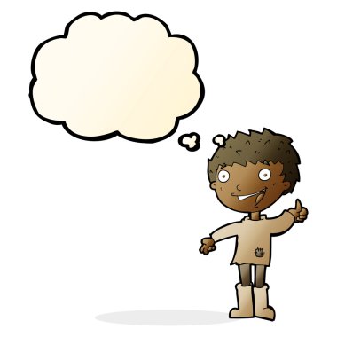 Düşünce baloncuğu olan heyecanlı çocuk.