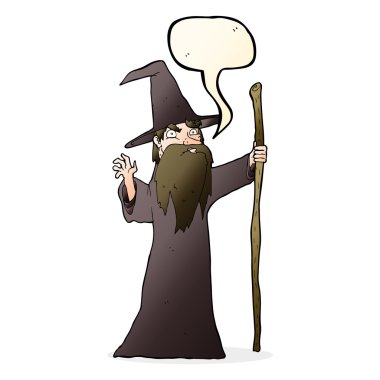 Konuşma baloncuğu olan yaşlı bir çizgi film sihirbazı