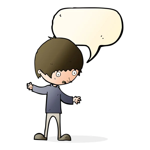 Cartoon boy with outstretched arms with speech bubble — Stock Vector