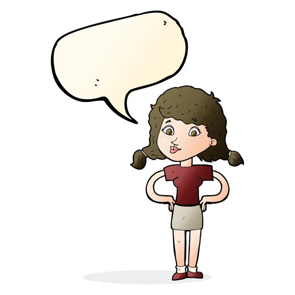Cartoon mooi meisje met handen op heupen met spraakbel — Stockvector