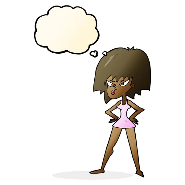 Dibujos animados mujer enojada en vestido con burbuja de pensamiento — Vector de stock