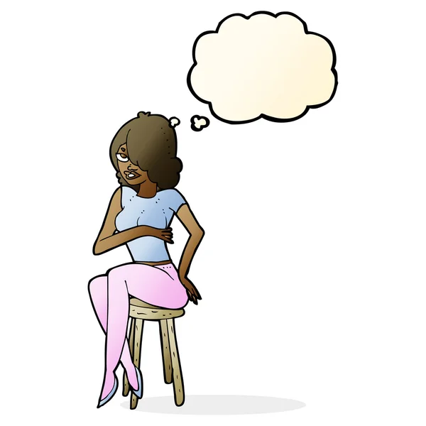 Tecknad kvinna sitter på bar pall med tanke bubbla — Stock vektor