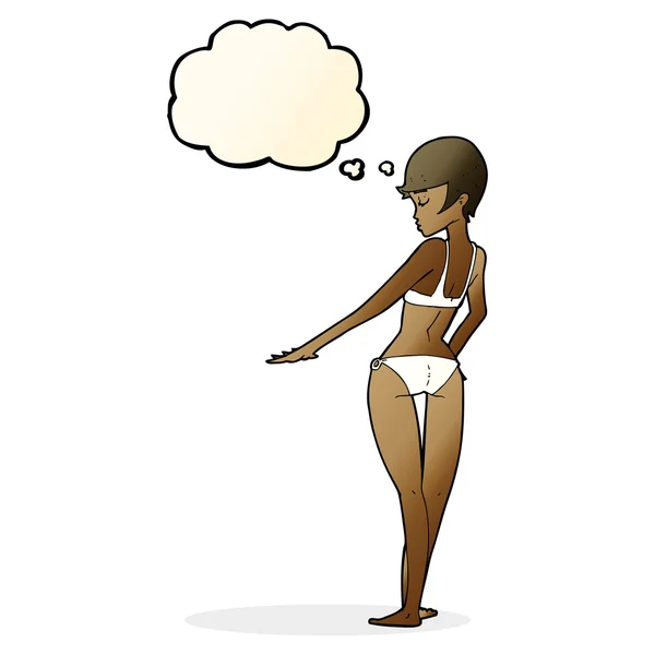 Mujer de dibujos animados en bikini con burbuja de pensamiento — Vector de stock