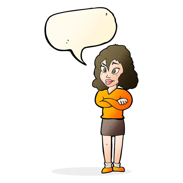 Mujer de dibujos animados con brazos cruzados con burbuja de habla — Vector de stock