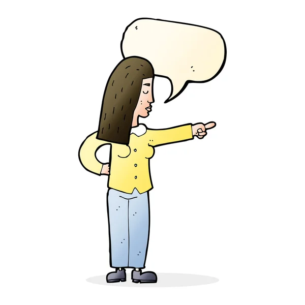 Cartoon woman pointing with speech bubble — Stock Vector