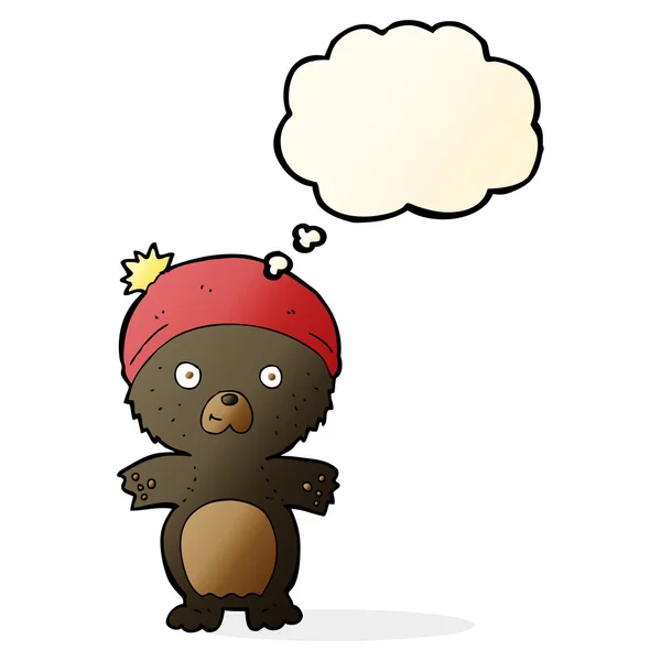 Cartoon cute black bear in hat with thought bubble — Stock Vector