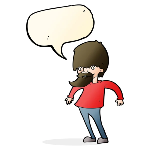 Cartoon bearded man shrugging shoulders with speech bubble — Stock Vector