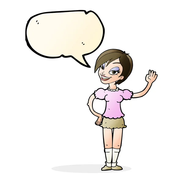 Cartoon waving woman with speech bubble — Stock Vector