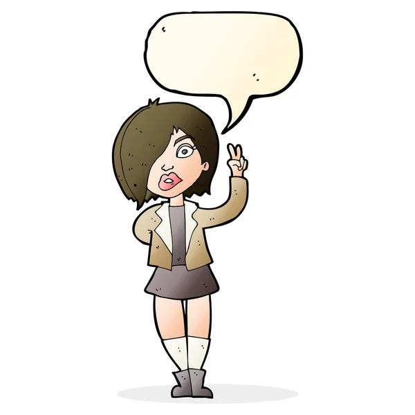 Cartoon cool meisje geven vrede teken met spraak zeepbel — Stockvector