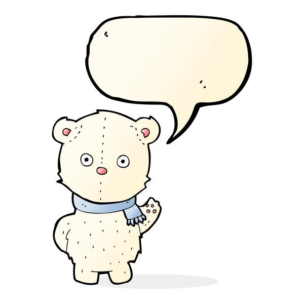 Cartoon waving polar bear cub with speech bubble — Stock Vector