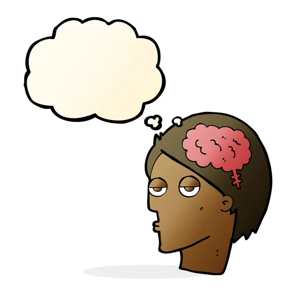 Tête de dessin animé avec symbole du cerveau avec bulle de pensée — Image vectorielle