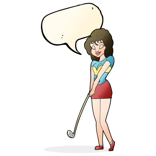 Cartoon woman playing golf with speech bubble — Stock Vector