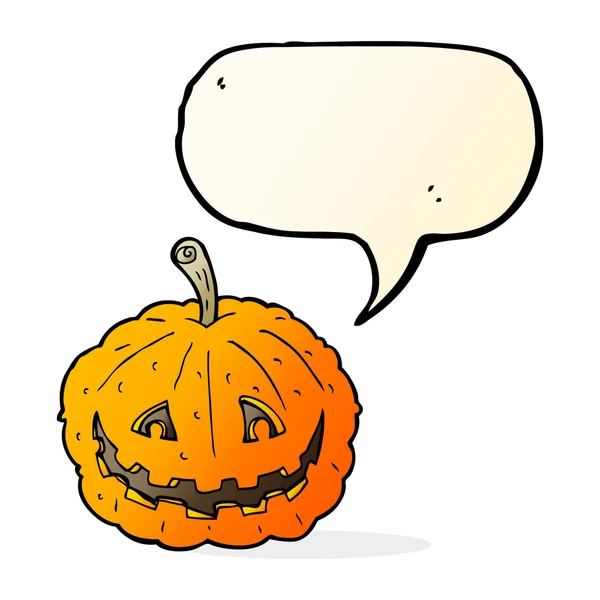 Cartoon grinning pumpkin with speech bubble — Stock Vector