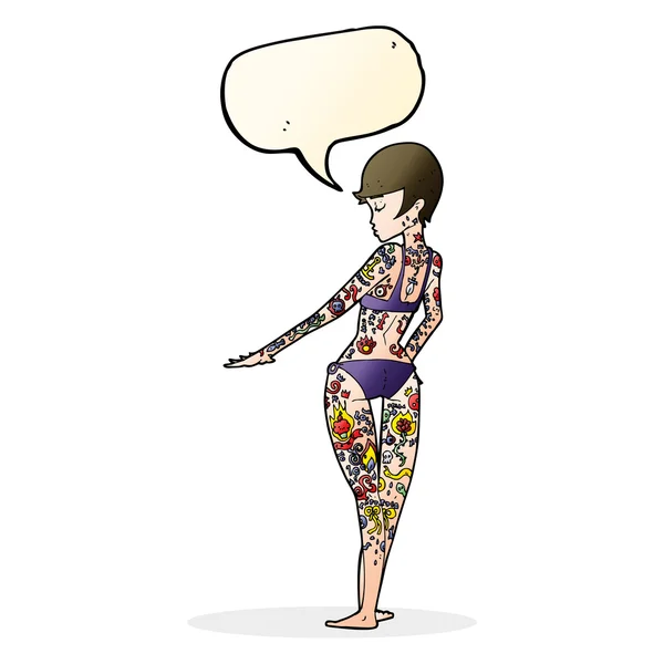 Desenho animado biquíni menina coberta de tatuagens com bolha de fala — Vetor de Stock