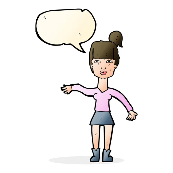 Cartoon woman making dismissive gesture with speech bubble — Stock Vector