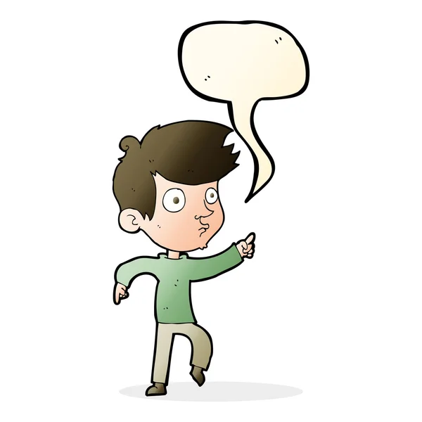 Cartoon pointing boy with speech bubble — Stock Vector