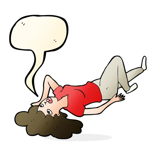 Mulher dos desenhos animados deitado no chão com bolha de fala — Vetor de Stock