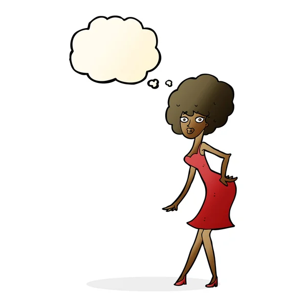 Mujer de dibujos animados posando en vestido con burbuja de pensamiento — Vector de stock