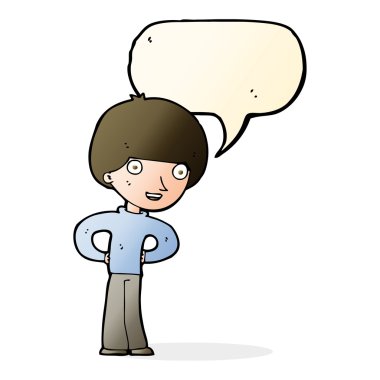 çizgi filmdeki mutlu çocuk, elleri kalçasında konuşma baloncuğu olan.