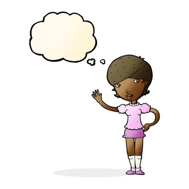 Çizgi film kızı düşünce balonuyla el sallıyor.