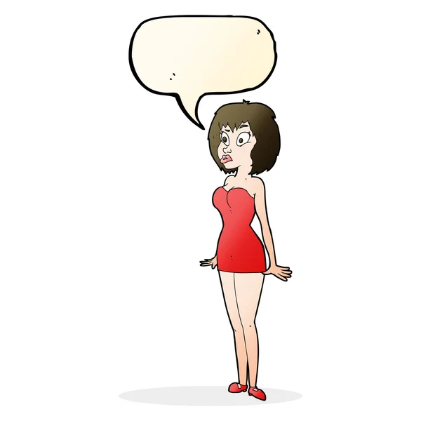 Cartoon surprised woman in short dress with speech bubble — Stock Vector