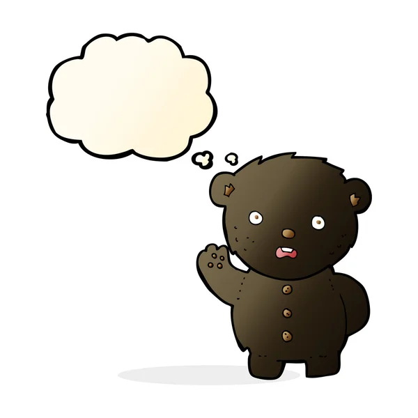 Desenho animado infeliz urso de pelúcia preto com bolha de pensamento —  Vetores de Stock
