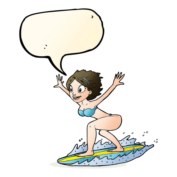 Cartoon surfer girl with speech bubble — Stock Vector