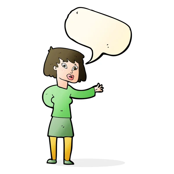 Cartoon woman explaining with speech bubble — Stock Vector