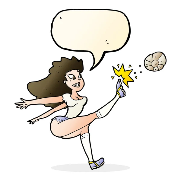 Cartoon female soccer player kicking ball with speech bubble — Stock Vector