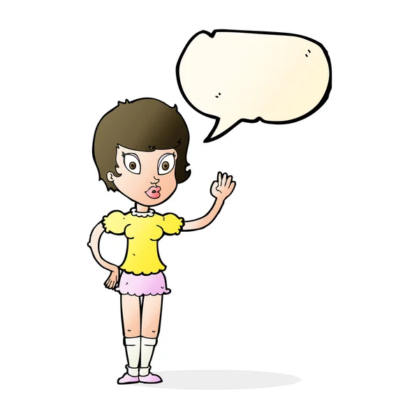 Karikatur hübsches Mädchen winkt mit Sprechblase — Stockvektor