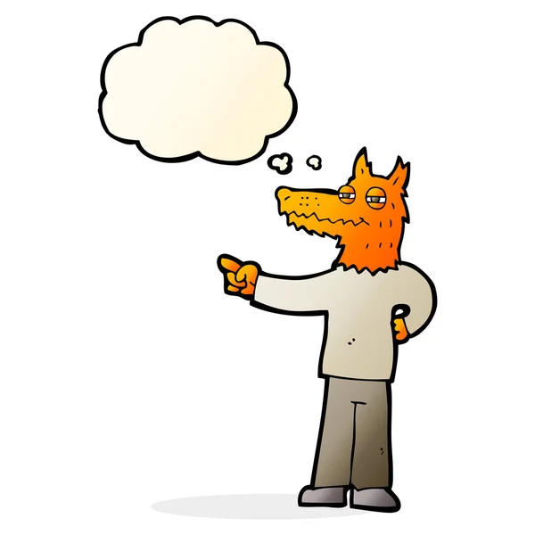 Dibujos animados apuntando hombre zorro con burbuja de pensamiento — Vector de stock