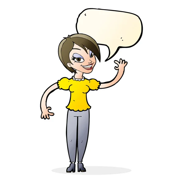 Cartoon woman waving with speech bubble — Stock Vector