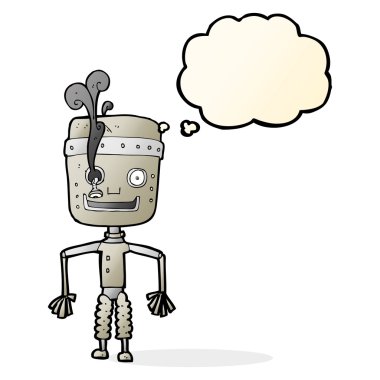 Hatalı çalışan robot düşünce balonu ile çizgi film