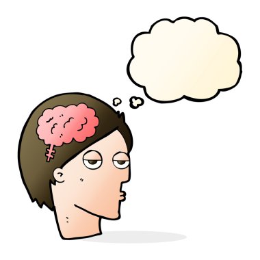 Düşünce baloncuklu beyin sembollü çizgi film başı