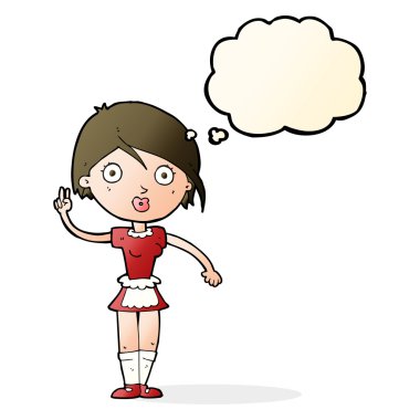 Çizgi film garsonu düşünce balonuyla el hareketi yapıyor.