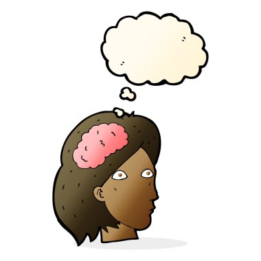 Düşünce baloncuklu beyin sembollü çizgi kadın kafası