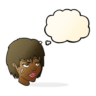 Düşünce baloncuğu yüzlü karikatür kadın.