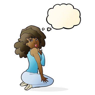 Düşünce baloncuğuyla poz veren çizgi film kadını