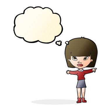 Çizgi film kadını düşünce balonunu işaret ediyor.