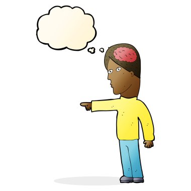 Düşünce baloncuğuyla işaret eden zeki adam.