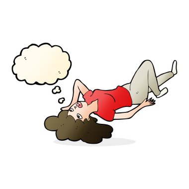 Çizgi filmdeki kadın düşünce baloncuğuyla yerde yatıyor.