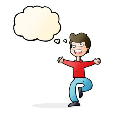 Düşünce baloncuğu olan heyecanlı çocuk.