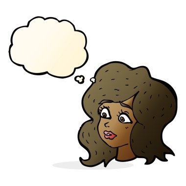 Düşünce baloncuğuyla ilgilenen karikatür kadını